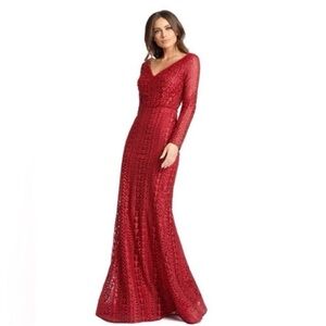 Mac Duggal 20271 Beaded Long Sleeve Red Burgundy Trumpet Gown 20 NEW